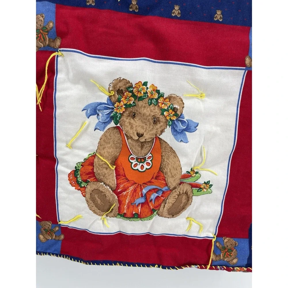 Vintage‎ Handmade Teddy Bear Quilt Blanket Throw Red Blue 39x34 Kids Nursery
